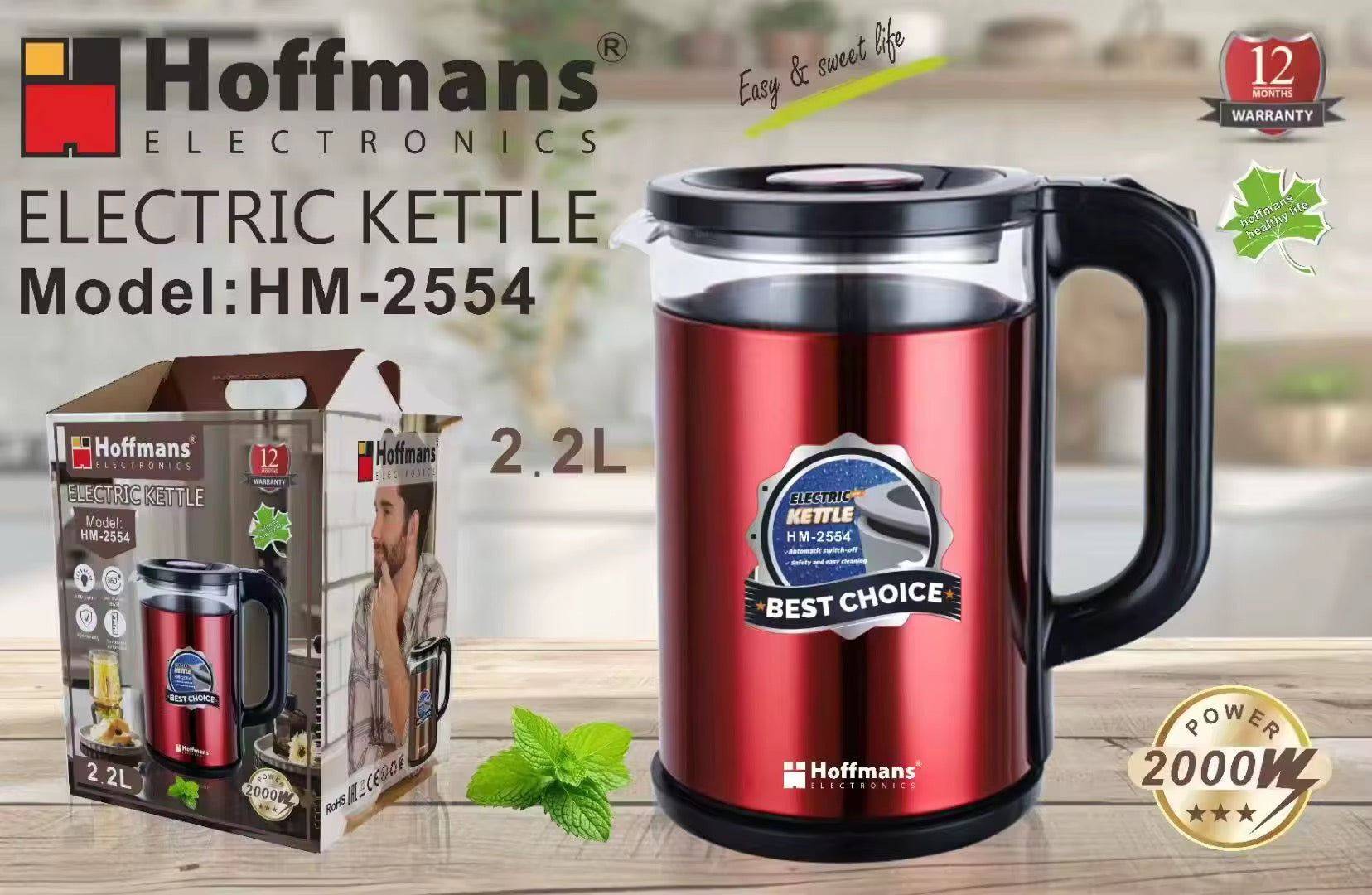 ☕ Bouilloire électrique Hoffmans HM-2554 – 2,2L | 2000W | Garantie 12 mois