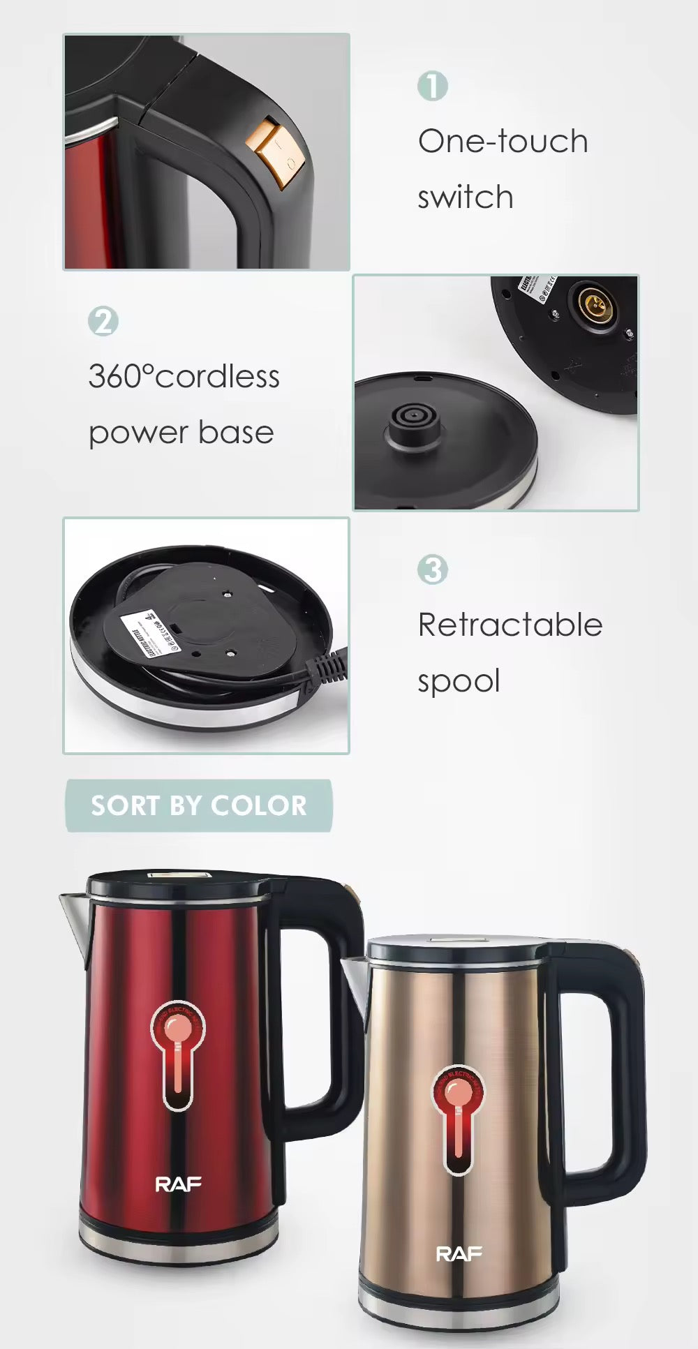 ☕ Bouilloire électrique RAF – 2,3L | Rapide, puissante et élégante